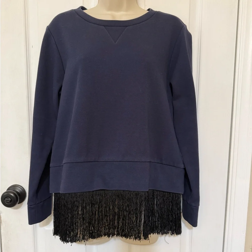 J.Crew Fringe Hem Sweatshirt Navy Crewneck Pullover Sweater Medium